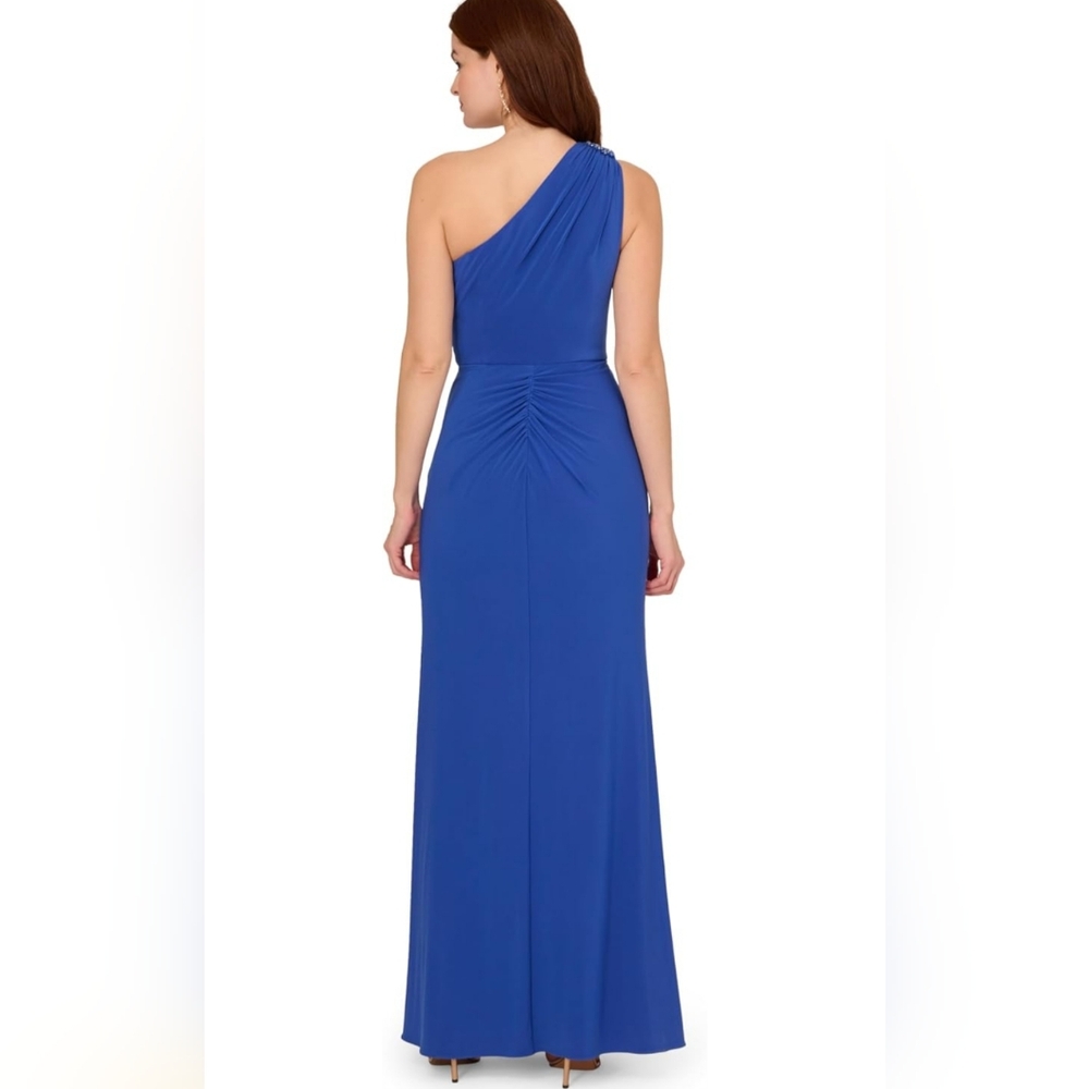 Adrianna Papell One Shoulder Blue Jersey Evening Gown Size 16 NWT - Picture 2 of 12